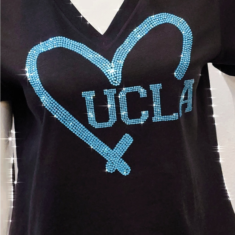Rhinestone UCLA Lover Black V-Neck T-Shirt Proud Mom